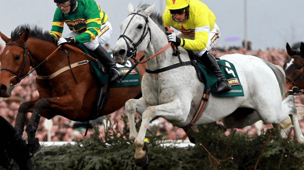 two horses jumping fences at aintree
